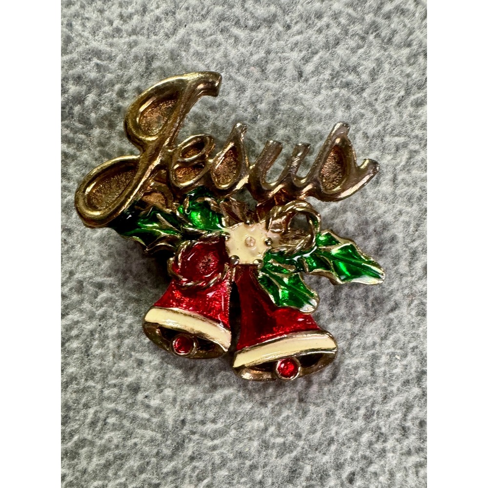 Vintage Jesus Christmas Bells Brooch Gold Tone Red Enamel Holiday Pin Religious